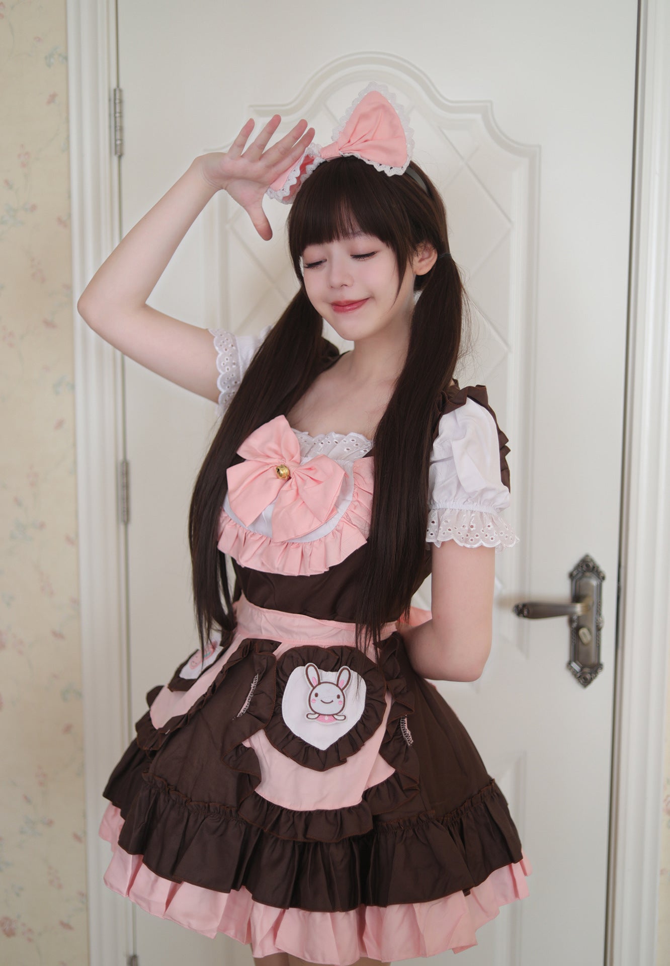 Original Cute Bunny Maid Outfit Pink Brown Plus Cosplay Costume