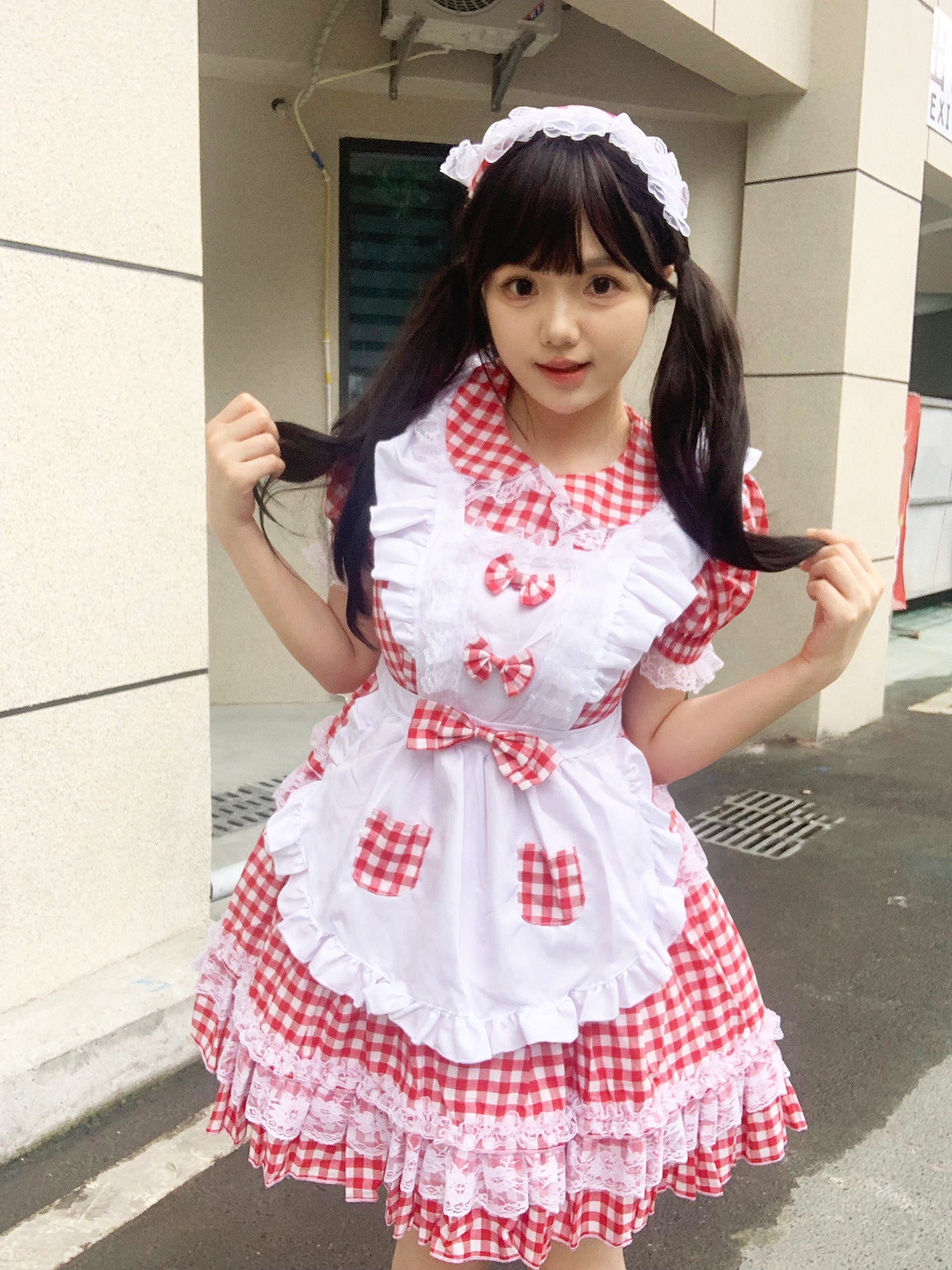 Red Plaid Cute Honey Maid Outfit Lolita Dress Cosplay Costume
