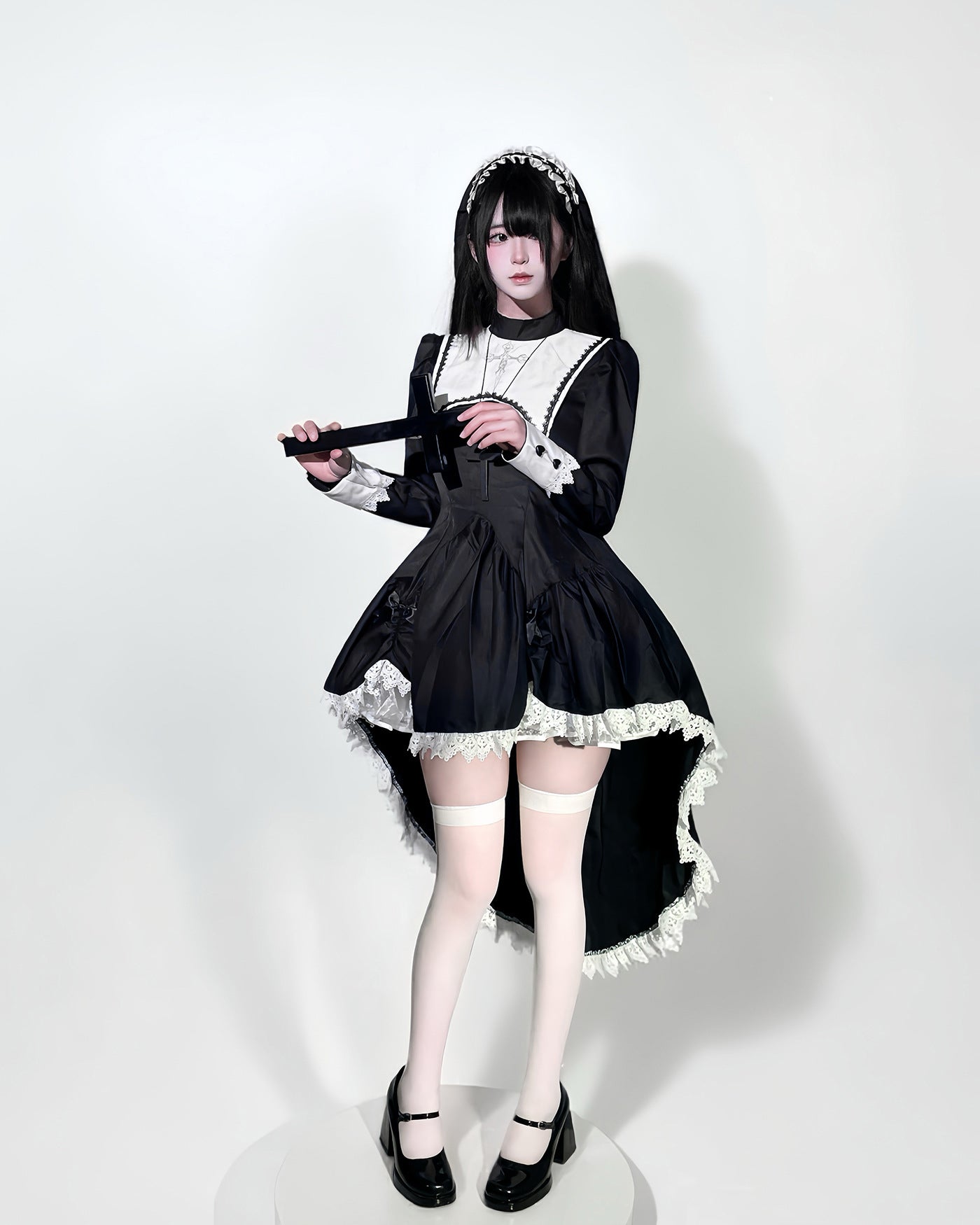 Dark Cool Halloween Maid Outfit with Headgear Cosplay Costume