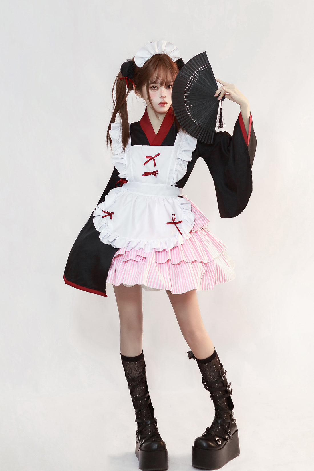 Pink Striped Skirt Kimono Maid Outfit Plus Size Cosplay Costume