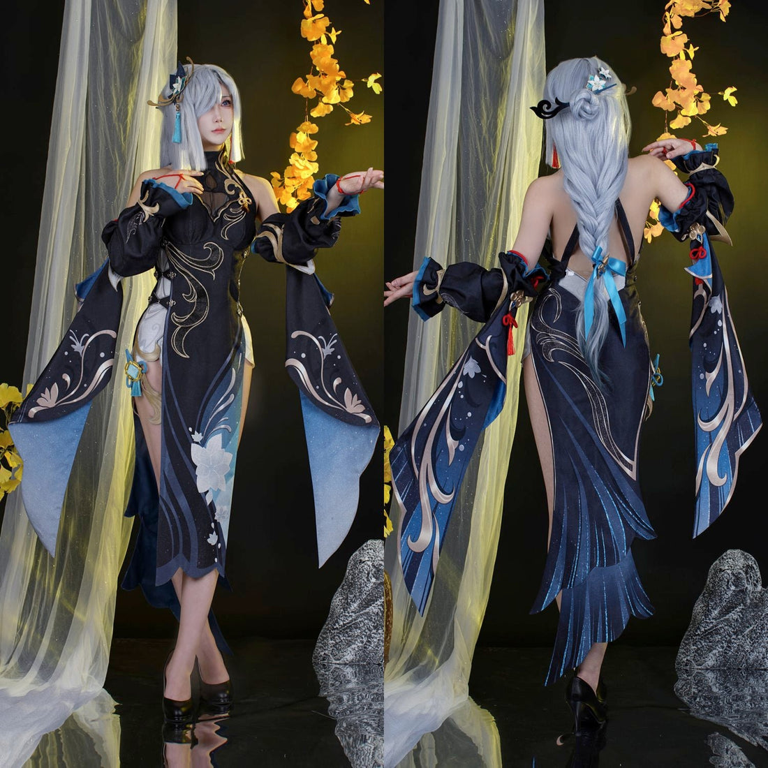 Genshin Impact Shenhe Frostflower Dew Qipao Cosplay Costumes